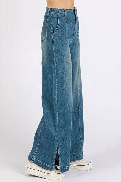 Mittoshop Medium Wash Seam Detail Wide Leg Denim Jeans 5 Mittoshop Medium Wash Seam Detail Wide Leg Denim Jeans - Image 3