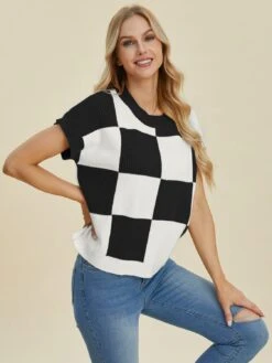 Double Take Full Size Checkered Round Neck Short Sleeve Sweater -Sydney So Sweet 01307411 383a 4068 a8c6 ba6ac43d74a6 Max