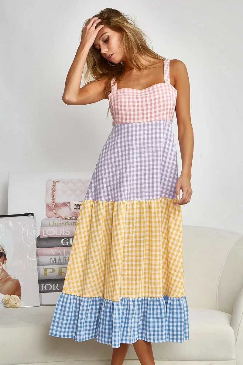 BiBi Color Block Tiered Gingham Dress 4 BiBi Color Block Tiered Gingham Dress - Image 2