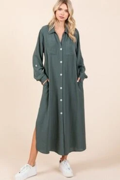 Mittoshop Airflow V-Neck Long Sleeve Button Down Maxi Dress