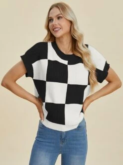 Double Take Full Size Checkered Round Neck Short Sleeve Sweater -Sydney So Sweet 04edd8b3 66a3 4b27 b722 a67273fa0f6d Max
