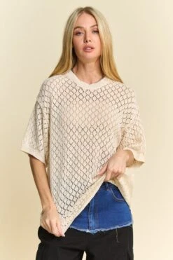Davi & Dani Side Slit Openwork Round Neck Half Sleeve Knit Cover Up -Sydney So Sweet 078e277a a25e 4ae9 bc1a 6891be9de6eb Max