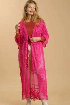 Umgee Full Size Floral Lace Open Front Long Kimono With Waist Tie Plus Size