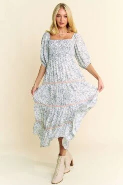 Davi & Dani Contrast Ric Smocking Bodice Tiered Midi Dress