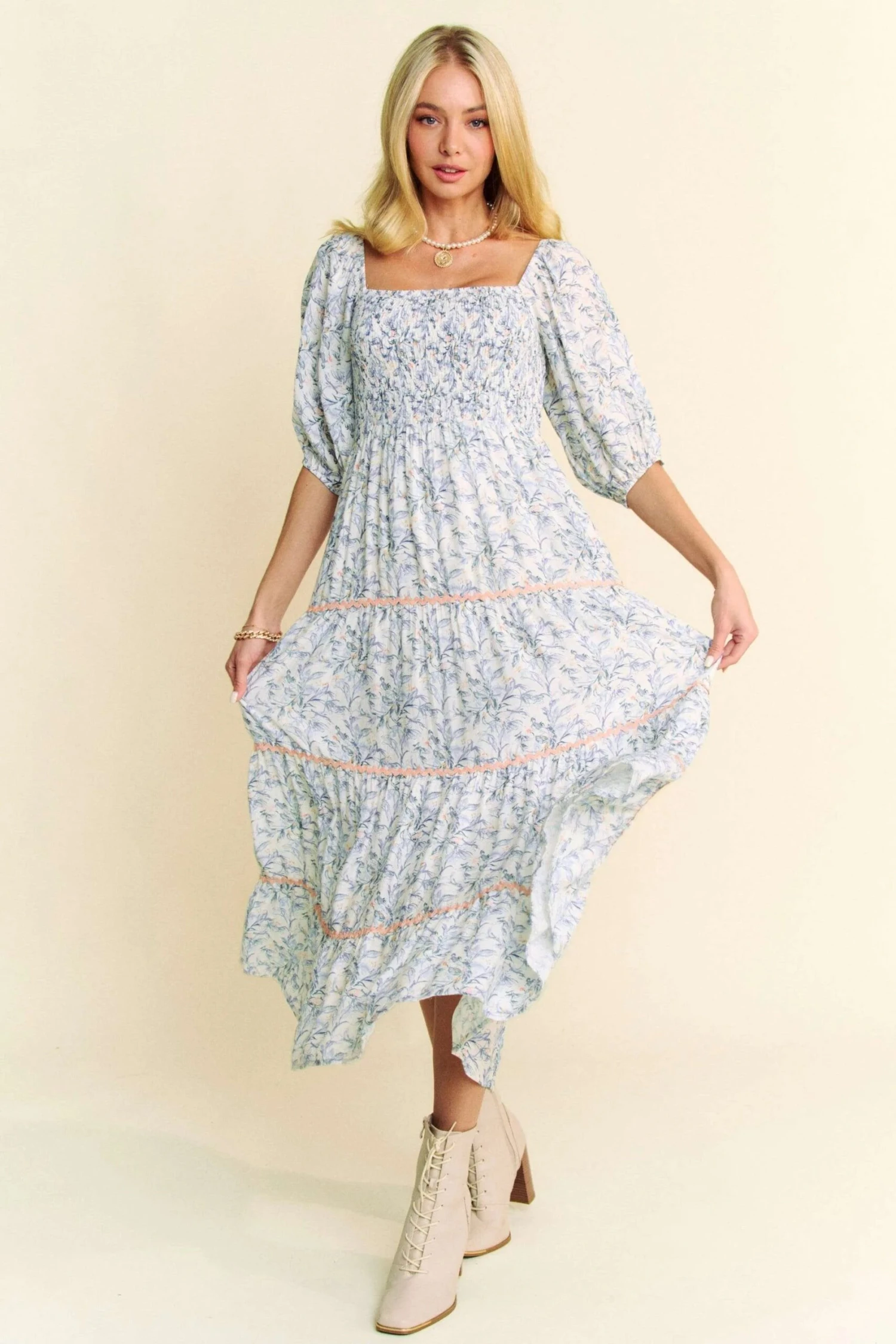 Davi & Dani Contrast Ric Smocking Bodice Tiered Midi Dress 3 Davi & Dani Contrast Ric Smocking Bodice Tiered Midi Dress