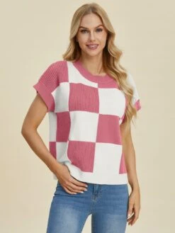 Double Take Full Size Checkered Round Neck Short Sleeve Sweater -Sydney So Sweet 0a07aa8a e586 4634 bc7b 4f445bd58a8a Max
