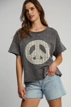 Umgee Full Size Mineral Wash T-Shirt With Lace Applique Plus Size