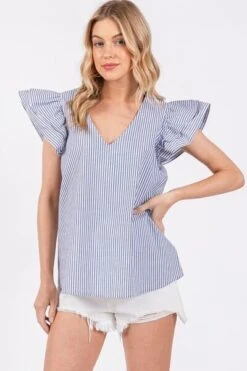 Ces Femme Striped V-Neck Ruffled Cap Sleeve Blouse -Sydney So Sweet 0de065b8 a3b4 4f61 aaf7 56eb6338f91b Min