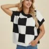 Double Take Full Size Checkered Round Neck Short Sleeve Sweater