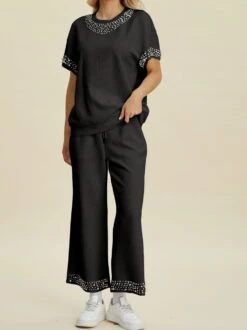 Double Take Full Size Pearl Detail Round Neck Top And Pants Set