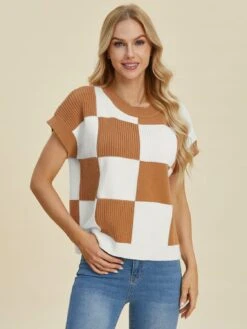 Double Take Full Size Checkered Round Neck Short Sleeve Sweater -Sydney So Sweet 12a5570b ada3 400f 950f 81537e16fa4a Max