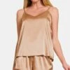 Zenana V-Neck Satin Cami And Elastic Waist Shorts Lounge Set