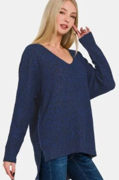 Zenana High-Low Center Seam V-Neck Sweater -Sydney So Sweet 18cb4040 9e89 4450 8273 8a6d60f273cc Max