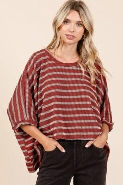 Mittoshop Texture Striped Print Round Neck Dolman Sleeve Top