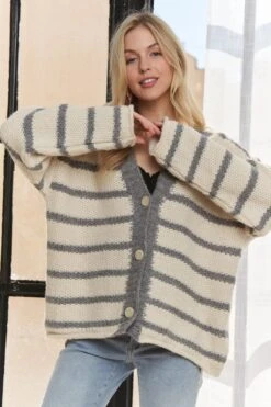 ADORA Horizontally Striped Button Up Cardigan