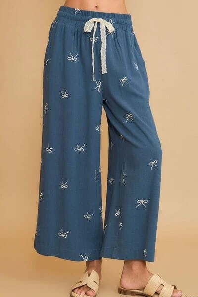 Umgee Full Size Lace Drawstring Embroidered Bow Wide Leg Pants Plus Size 3 Umgee Full Size Lace Drawstring Embroidered Bow Wide Leg Pants Plus Size