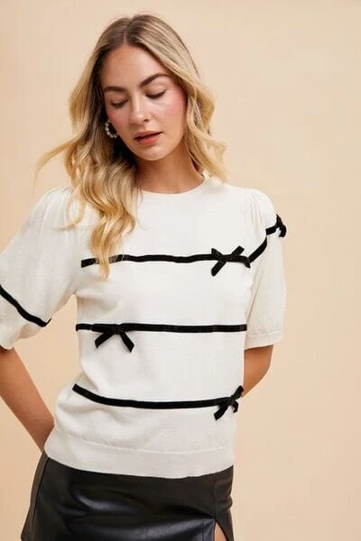 Annie Wear Striped Bow Round Neck Knit Top 3 Annie Wear Striped Bow Round Neck Knit Top