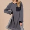 Ces Femme Striped Patchwork Round Neck Terry Sweatshirt Dress