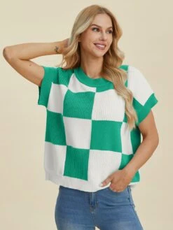 Double Take Full Size Checkered Round Neck Short Sleeve Sweater -Sydney So Sweet 2017a4be 854d 4f7f 81ad 3972d626caf4 Max