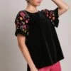 Umgee Full Size Velvet Embroidery Short Sleeve Blouse