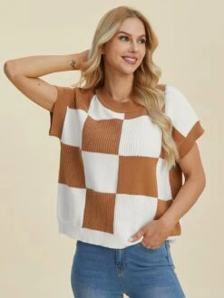 Double Take Full Size Checkered Round Neck Short Sleeve Sweater -Sydney So Sweet 23b40a8d 4666 4aa2 b8ba a033ac148ffd Max