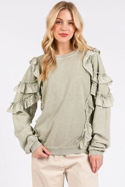 Mittoshop Ruffled Mineral Washed Round Neck Long Sleeve Sweatshirt 3 Mittoshop Ruffled Mineral Washed Round Neck Long Sleeve Sweatshirt
