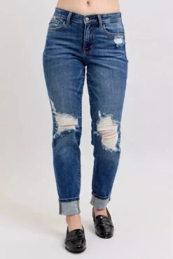 Judy Blue Full Size Mid Rise Boyfriend Destroy Jeans With Yoke Pockets And Faux Selvedge Cuff Plus Size