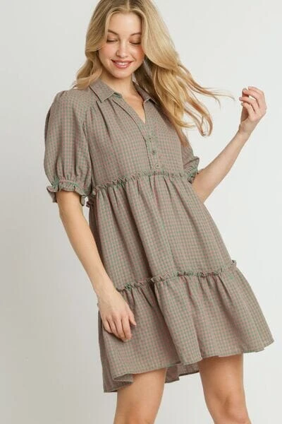 Umgee Full Size Plaid Frill Button Detail Ruffled Short Sleeve Dress Plus Size 3 Umgee Full Size Plaid Frill Button Detail Ruffled Short Sleeve Dress Plus Size
