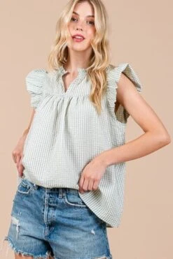 Ces Femme Plaid Notched Ruffled Cap Sleeve Blouse -Sydney So Sweet 2e89ccde 6caf 4c36 bdac 88bdf1fcb6df Min