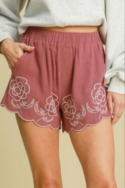 Umgee Full Size Linen Blend Shorts With Floral Embroidered Details Plus Size