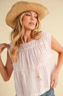 Aemi+Co Ruched Striped Round Neck Sleeveless Top -Sydney So Sweet 31c34c69821d42f6977561052260db31 Max Origin