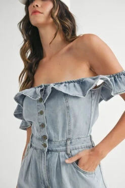 MABLE Off Shoulder Ruffle Detail Denim Romper 28 MABLE Off Shoulder Ruffle Detail Denim Romper -Sydney So Sweet 3d025d5d446b448c81a082c105d0a617 Max Origin