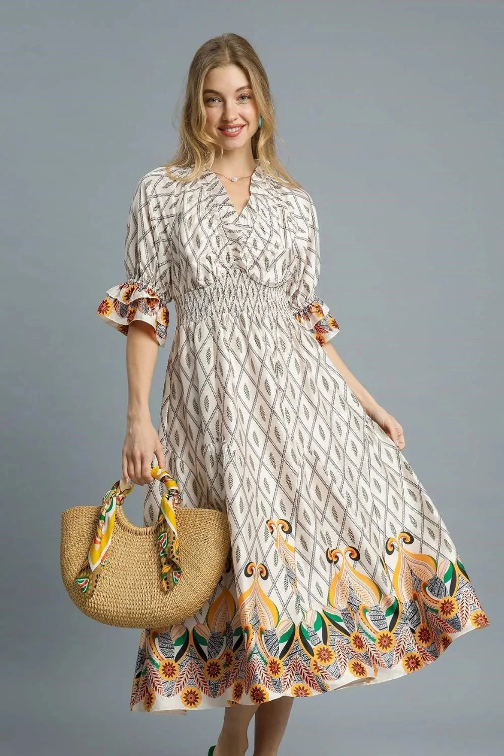 Umgee Printed Smocked Waist Flounce Sleeve Midi Dress 3 Umgee Printed Smocked Waist Flounce Sleeve Midi Dress