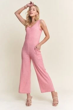 ADORA Ribbed V-Neck Wide Leg Jumpsuit With Pockets