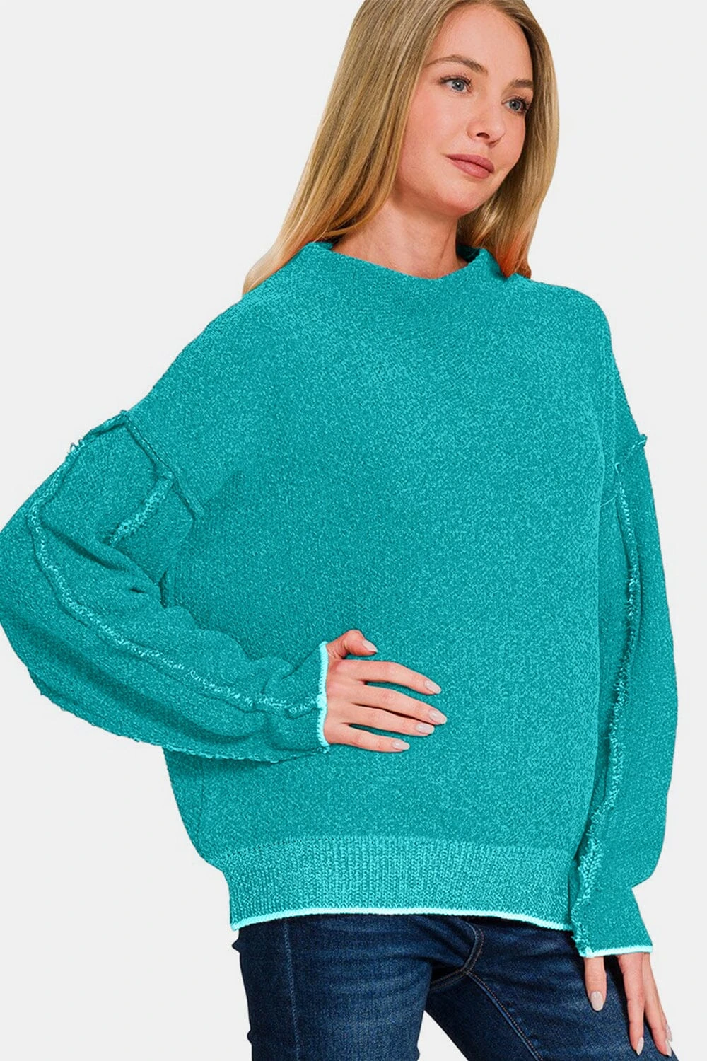 Zenana Exposed Seam Mock Neck Long Sleeve Sweater 5 Zenana Exposed Seam Mock Neck Long Sleeve Sweater - Image 3