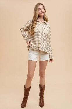 Annie Wear Striped Button Detail Long Sleeve Polo Top -Sydney So Sweet 448e2252 eb40 41ab 92ed 26896bf373e4 Min