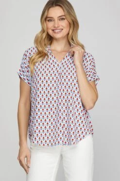 She + Sky Full Size Printed Johnny Collar Short Sleeve Blouse Plus Size
