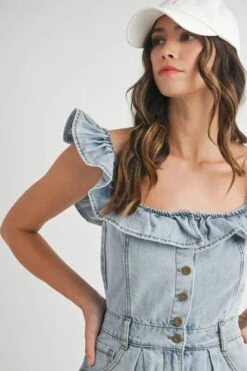 MABLE Off Shoulder Ruffle Detail Denim Romper 29 MABLE Off Shoulder Ruffle Detail Denim Romper -Sydney So Sweet 44e9507d504d45d1955653269b3afc1b Max Origin