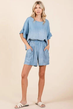 Mittoshop Washed Chambray Elastic Waist Easy Fit Shorts -Sydney So Sweet 49656155bb6742819fbc3a1071729657 Max Origin