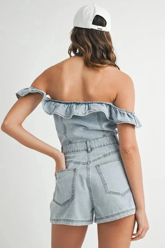 MABLE Off Shoulder Ruffle Detail Denim Romper 11 MABLE Off Shoulder Ruffle Detail Denim Romper - Image 9