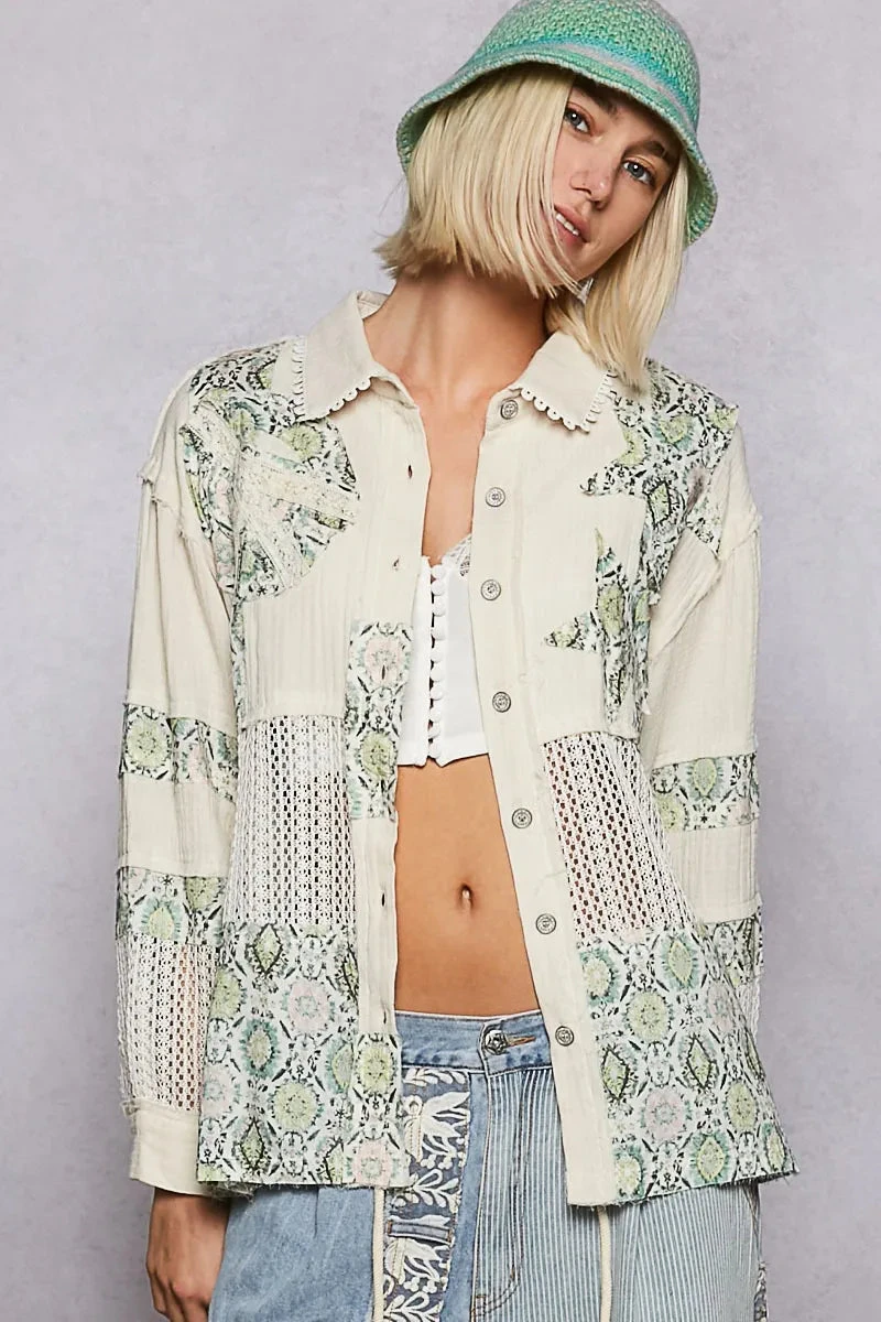 POL Printed Crochet Patchwork Button-Up Shirt 3 POL Printed Crochet Patchwork Button-Up Shirt