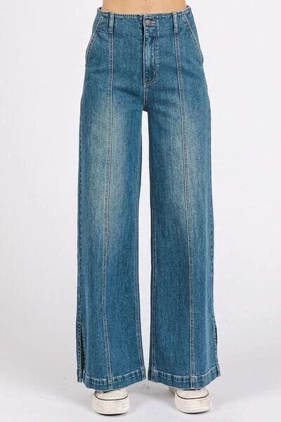 Mittoshop Medium Wash Seam Detail Wide Leg Denim Jeans 4 Mittoshop Medium Wash Seam Detail Wide Leg Denim Jeans - Image 2