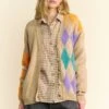 Davi & Dani Argyle V-Neck Dropped Shoulder Cardigan