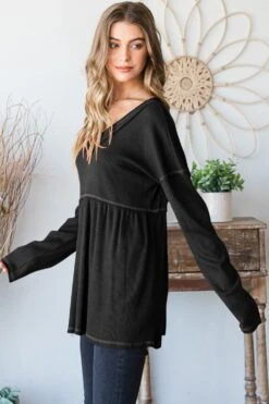 Heimish Full Size V-Neck Long Sleeve Ribbed Babydoll Top -Sydney So Sweet 55532b9d 8778 43f5 a3df a738cc8d680c Max