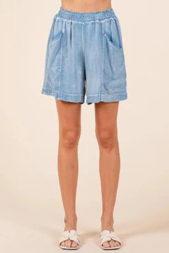 Mittoshop Washed Chambray Elastic Waist Easy Fit Shorts