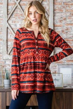 Heimish Full Size Geometric Button Detail Long Sleeve Babydoll Top -Sydney So Sweet 5d959922 42f4 4123 b0a0 4679d7a1ef03 Max