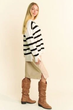 Davi & Dani High-Low Side Slit Striped Johnny Collar Sweater -Sydney So Sweet 613e04c6 a546 49a5 bcd7 503e5d8c407b Max