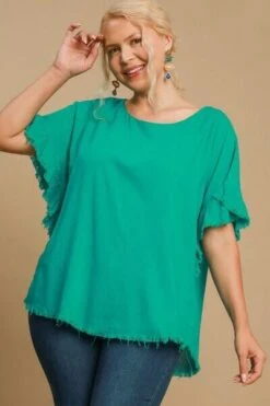Umgee Full Size Raw Hem Ruffle Short Sleeve Blouse Plus Size -Sydney So Sweet 62593e8f 1705 4bb8 aef3 fa622184b869 Min