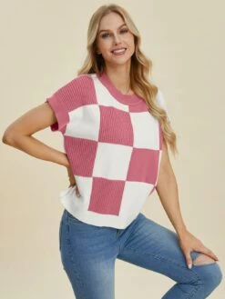 Double Take Full Size Checkered Round Neck Short Sleeve Sweater -Sydney So Sweet 64f9781c 868d 42a7 9e51 281b823f32d9 Max