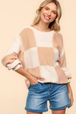 Haptics Full Size Checkered Round Neck Drop Shoulder Sweater -Sydney So Sweet 655ddea4 ecd1 4a18 b8dd 2b57f4851639 Max